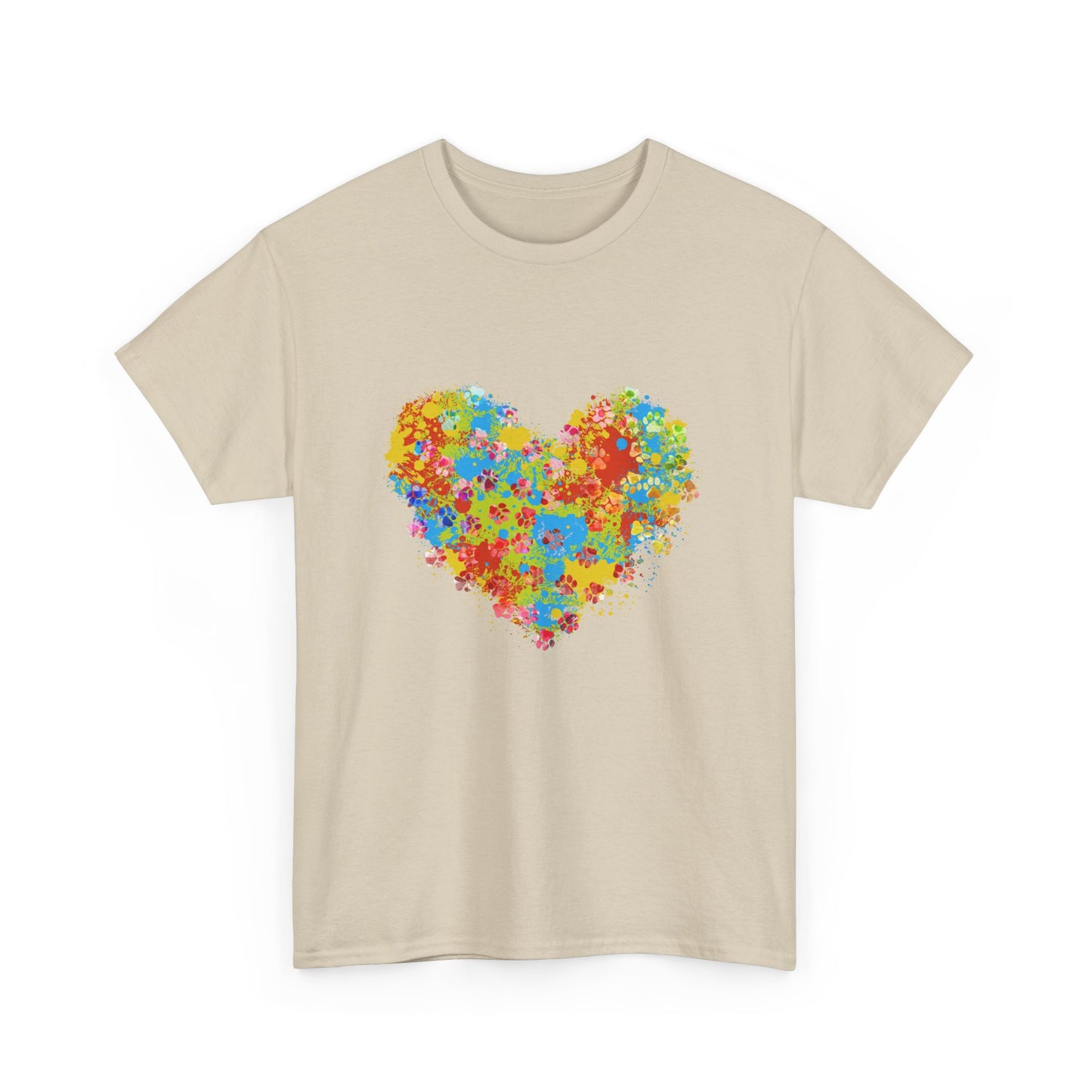 Colorful Paw Print Heart Cotton T-Shirt - Perfect for Dog Lovers