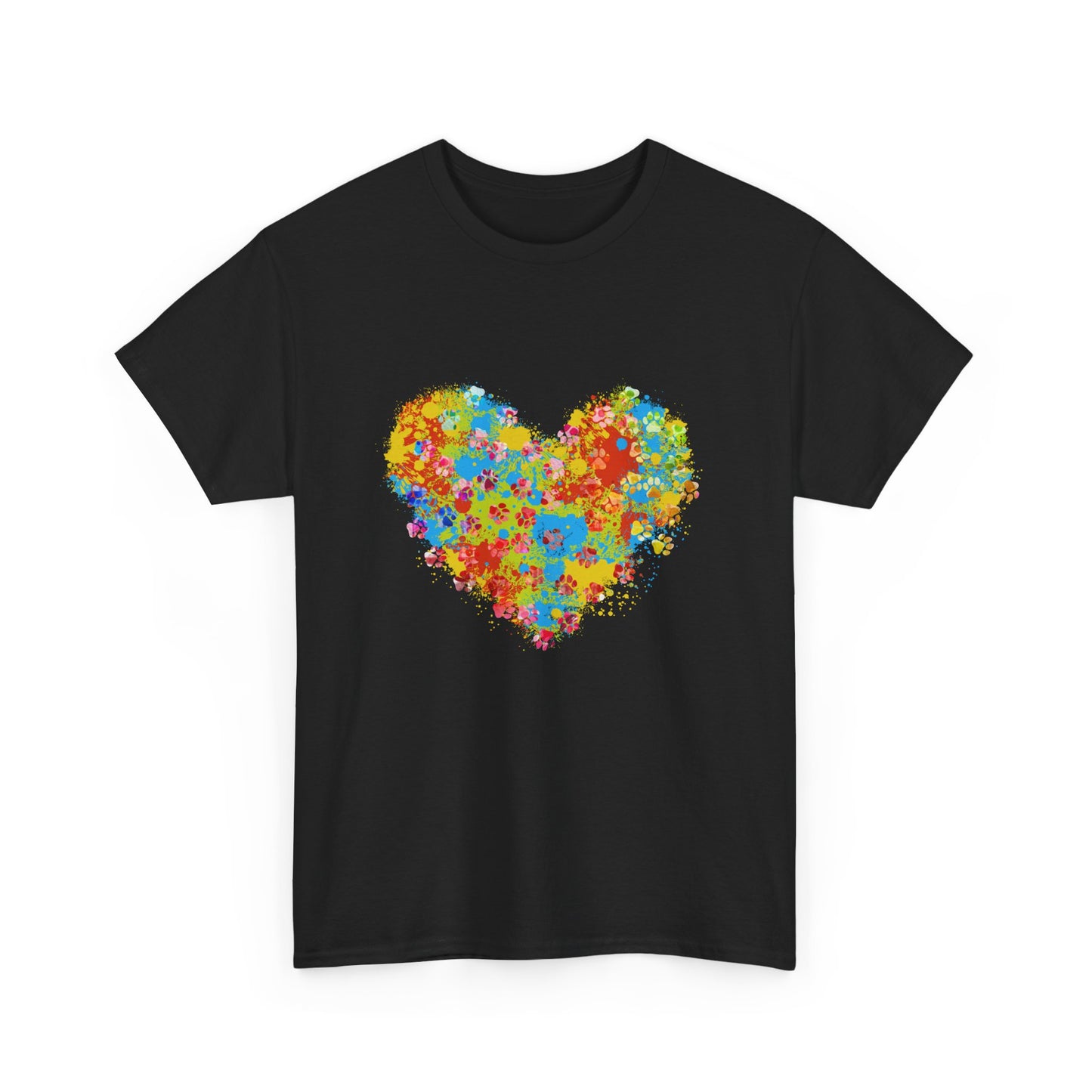 Colorful Paw Print Heart Cotton T-Shirt - Perfect for Dog Lovers