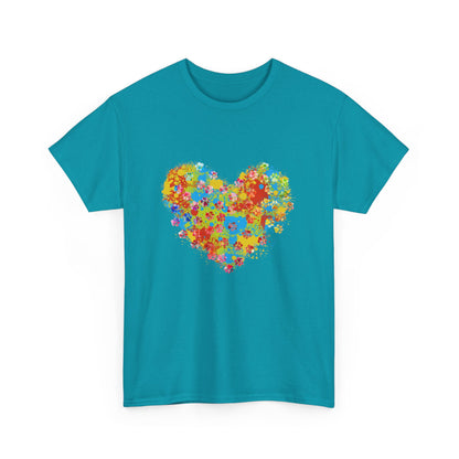 Colorful Paw Print Heart Cotton T-Shirt - Perfect for Dog Lovers
