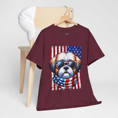 Patriotic Shih Tzu Wearing American Flag and Sunglasses Unisex T-shirt