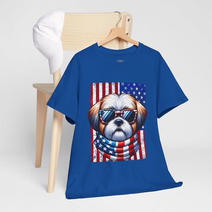 Patriotic Shih Tzu Wearing American Flag and Sunglasses Unisex T-shirt