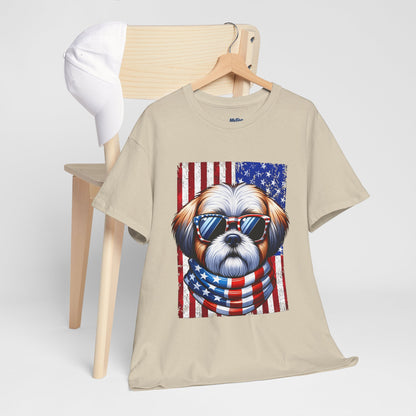 Patriotic Shih Tzu Wearing American Flag and Sunglasses Unisex T-shirt