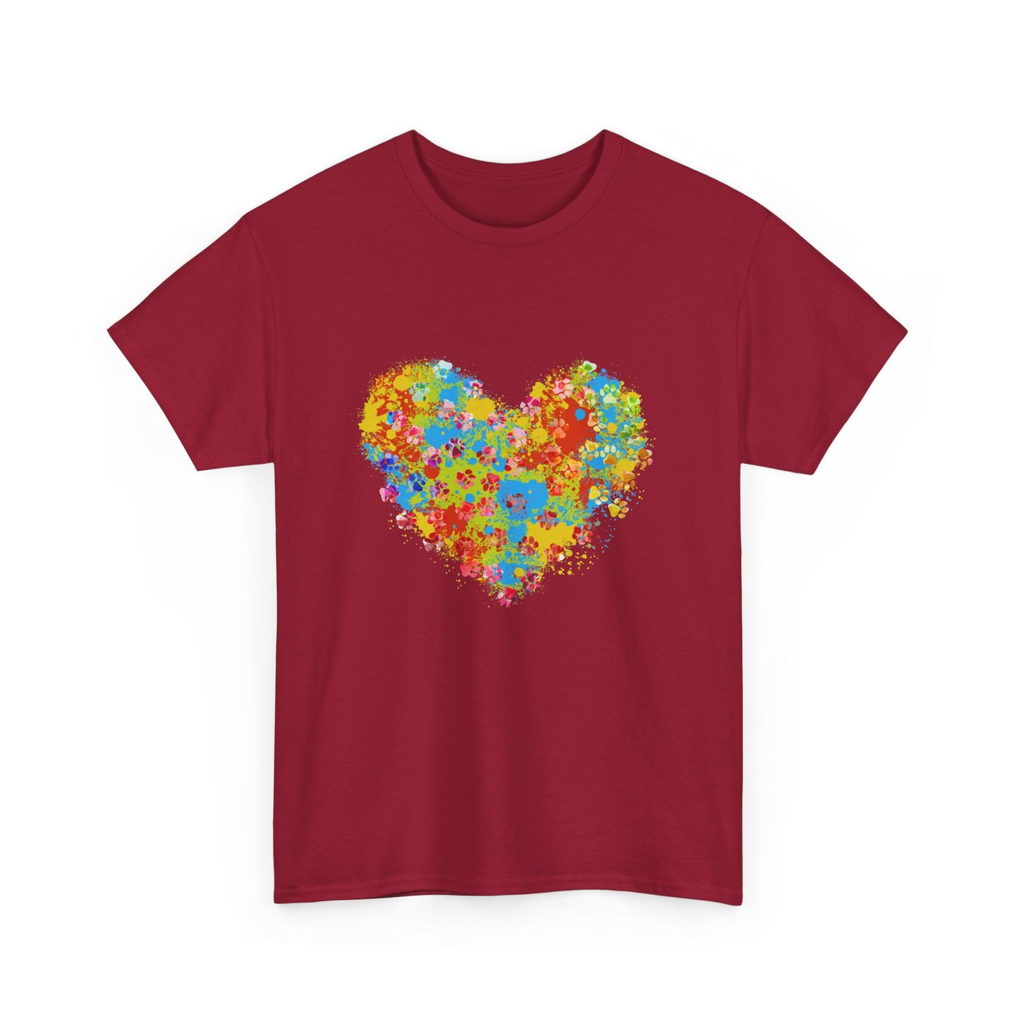 Colorful Paw Print Heart Cotton T-Shirt - Perfect for Dog Lovers