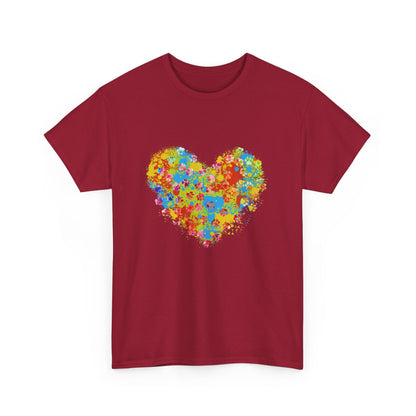 Colorful Paw Print Heart Cotton T-Shirt - Perfect for Dog Lovers