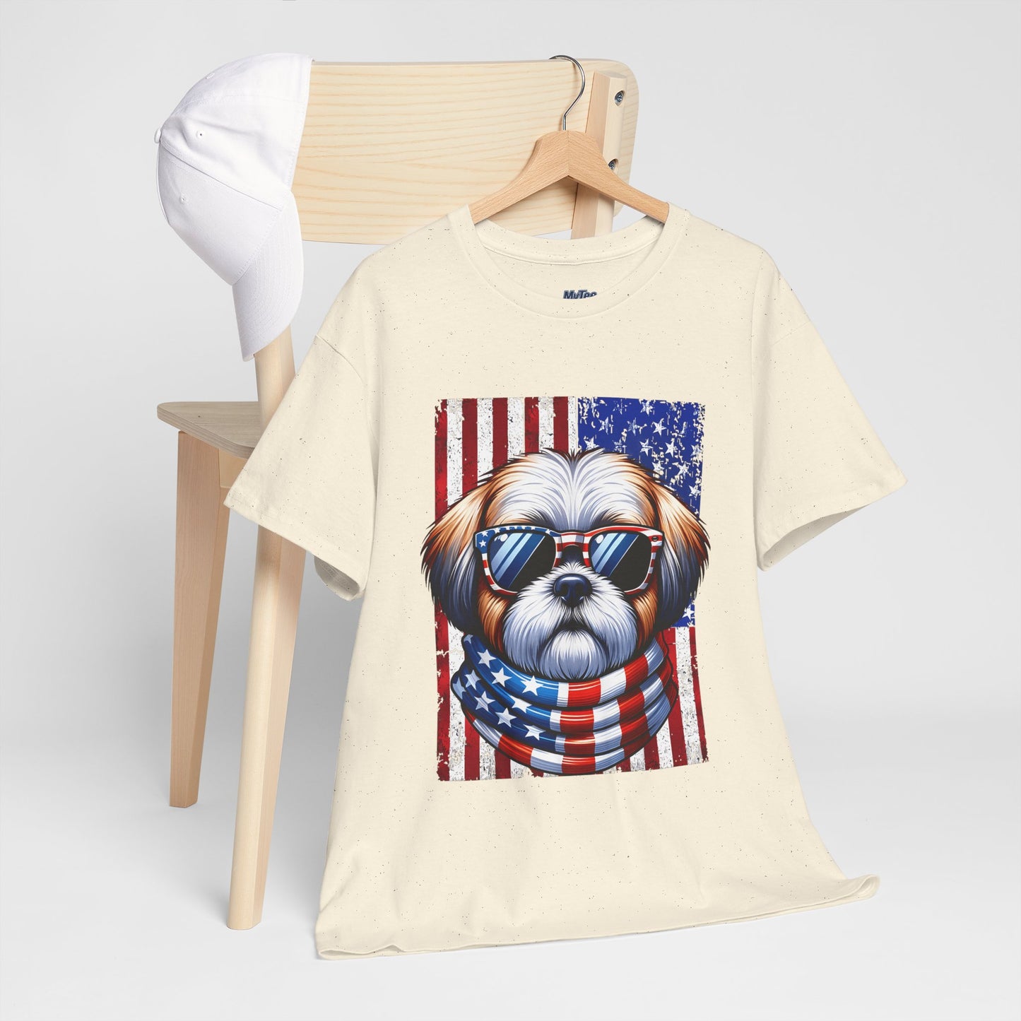 Patriotic Shih Tzu Wearing American Flag and Sunglasses Unisex T-shirt