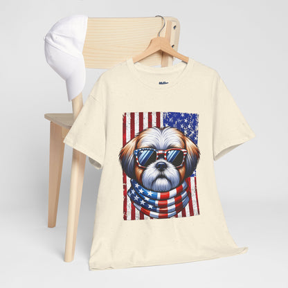 Patriotic Shih Tzu Wearing American Flag and Sunglasses Unisex T-shirt