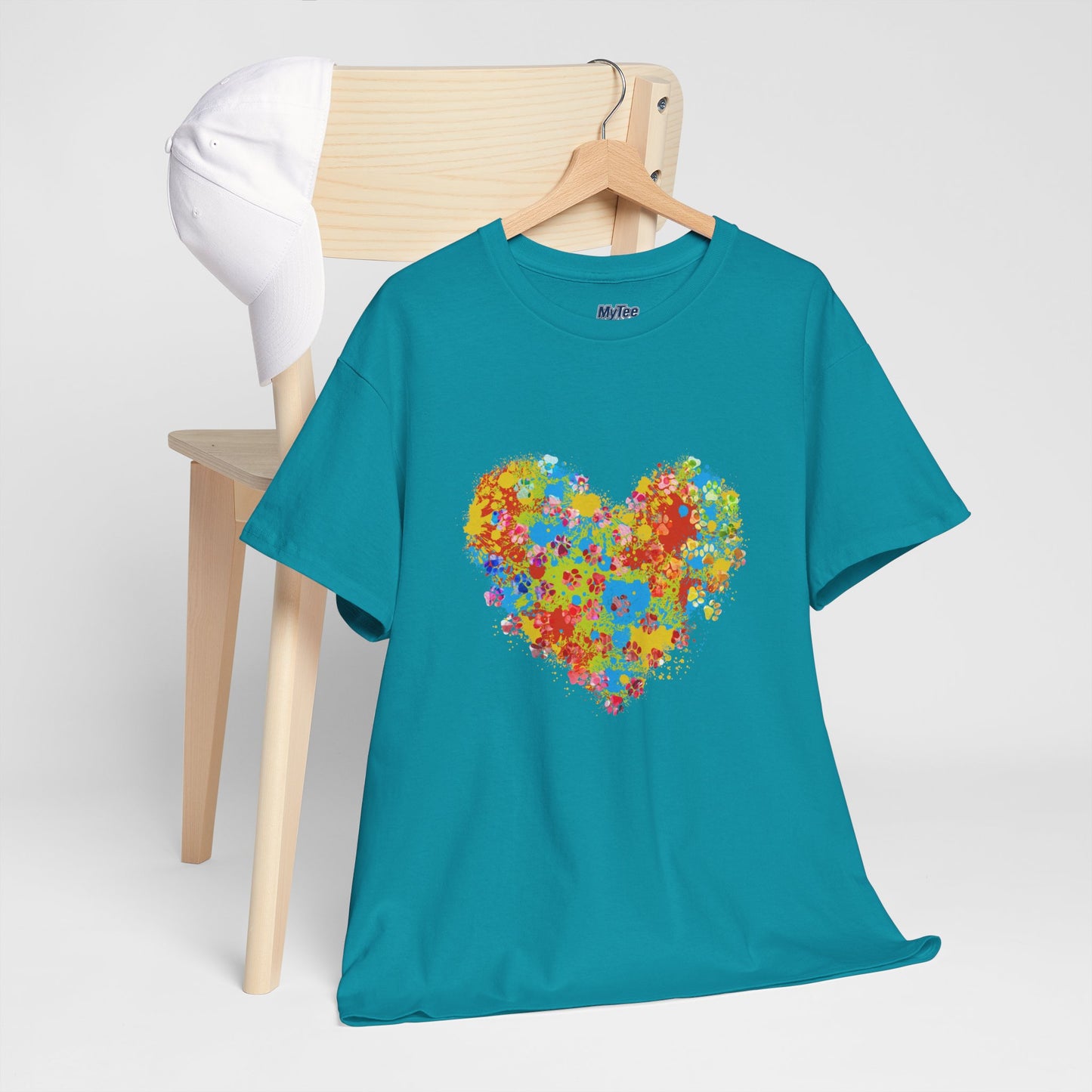 Colorful Paw Print Heart Cotton T-Shirt - Perfect for Dog Lovers